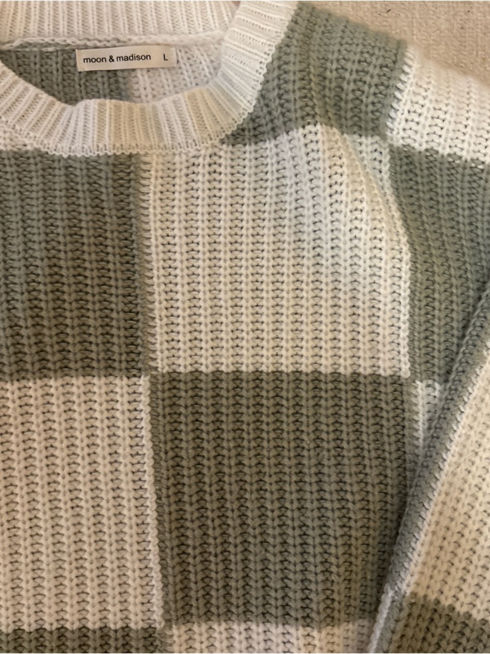 Source Unknown Checker Knit Cropped Sweater - White & Sage - Picture 2 of 2
